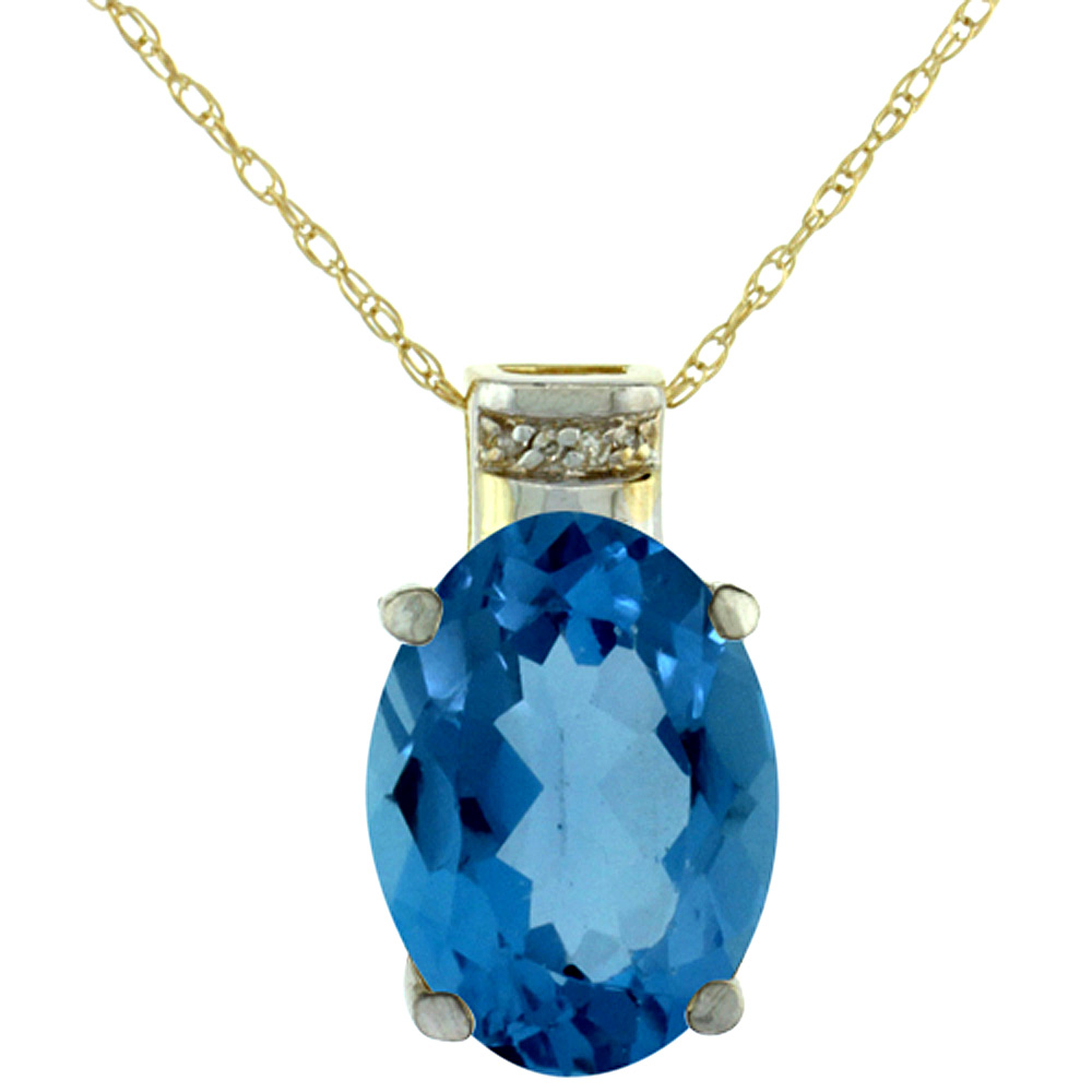 10K YELLOW GOLD DIAMOND NATURAL LONDON BLUE TOPAZ PENDANT OVAL 14X10 MM