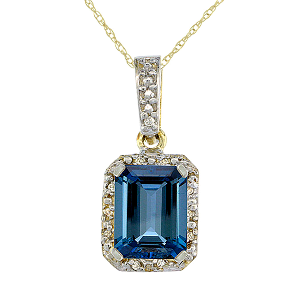 10K Yellow Gold Natural London Blue Topaz Pendant Octagon 8x6 mm &amp; Diamond Accents