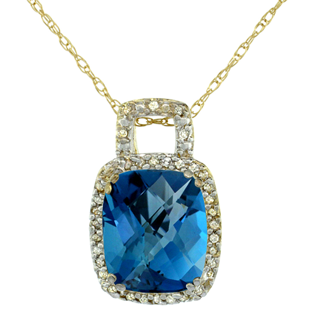 10K Yellow Gold Natural London Blue Topaz Pendant Octagon Cushion 10x8 mm & Diamond Accents