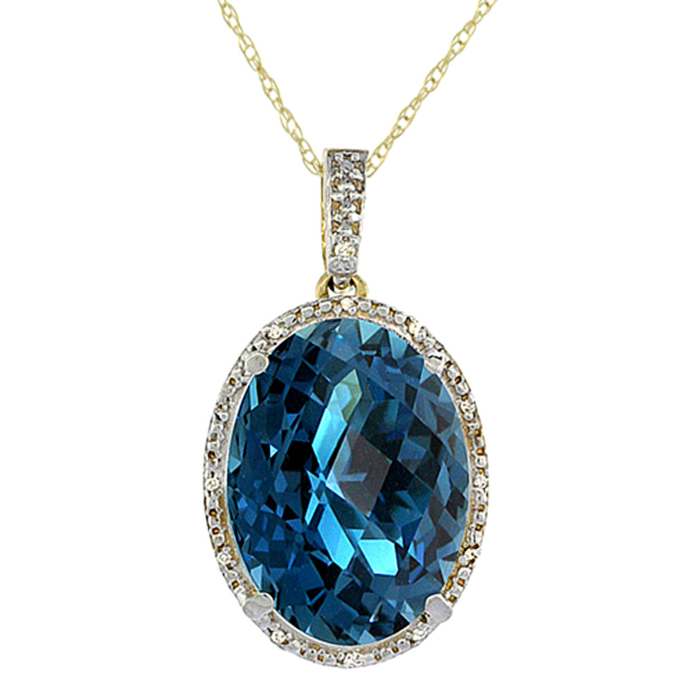 10K YELLOW GOLD DIAMOND NATURAL LONDON BLUE TOPAZ PENDANT OVAL 18X13 MM