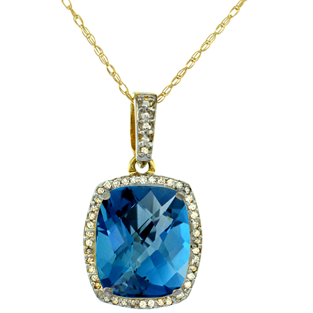 10K Yellow Gold Natural London Blue Topaz Pendant Octagon Cushion 12x10 mm