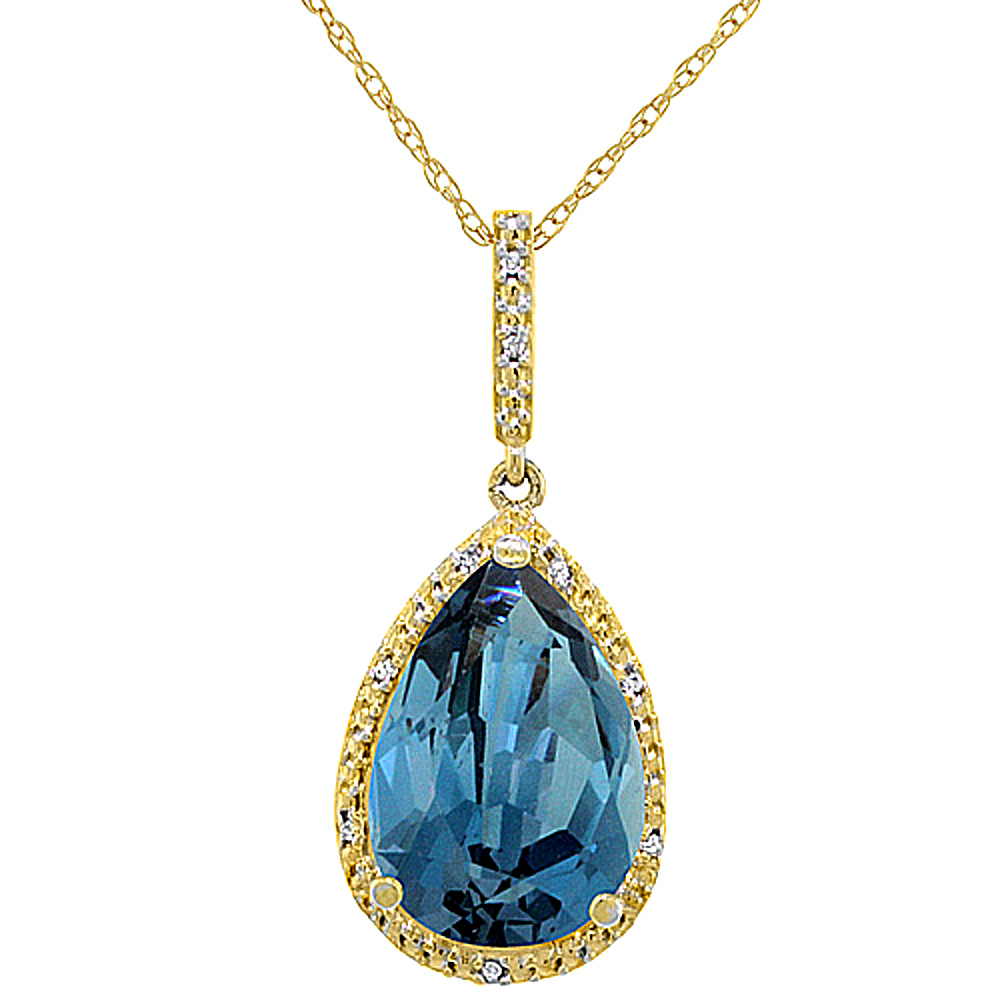 10K YELLOW GOLD DIAMOND HALO NATURAL LONDON BLUE TOPAZ NECKLACE PEAR SHAPED 15X10 MM, 18 INCH LONG
