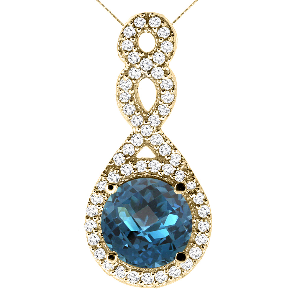 10K YELLOW GOLD NATURAL LONDON BLUE TOPAZ ETERNITY PENDANT ROUND 7X7MM WITH 18 INCH GOLD CHAIN