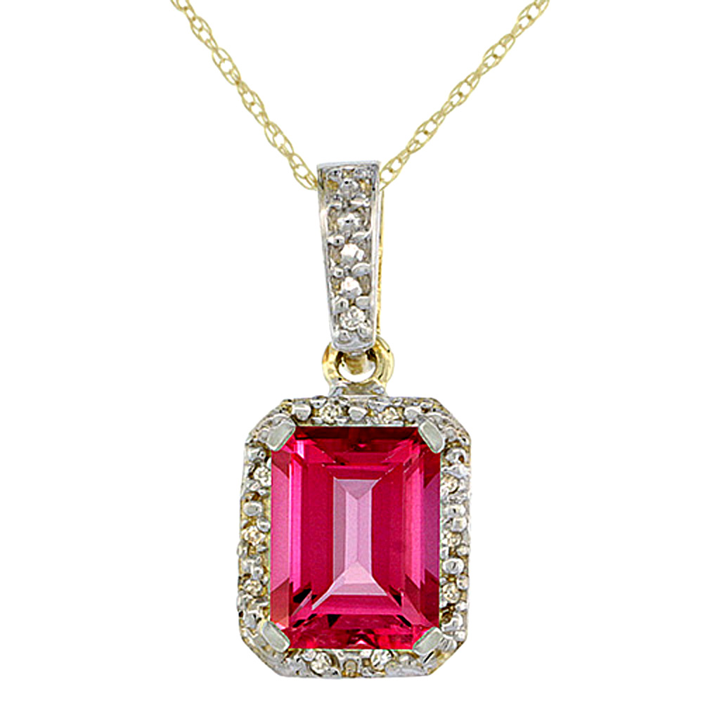 10K YELLOW GOLD NATURAL PINK TOPAZ PENDANT OCTAGON 8X6 MM & DIAMOND ACCENTS