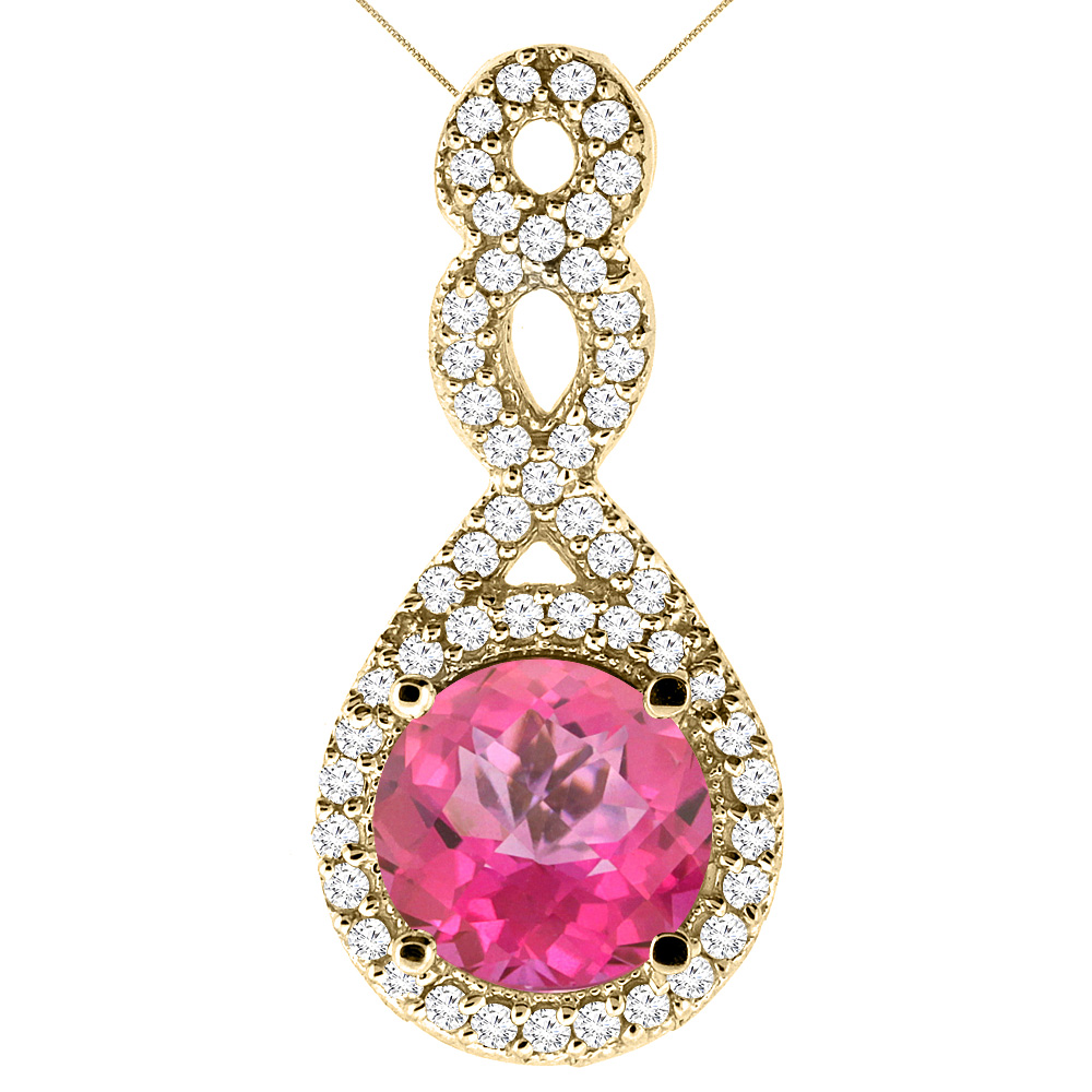 10K YELLOW GOLD NATURAL PINK TOPAZ ETERNITY PENDANT ROUND 7X7MM WITH 18 INCH GOLD CHAIN