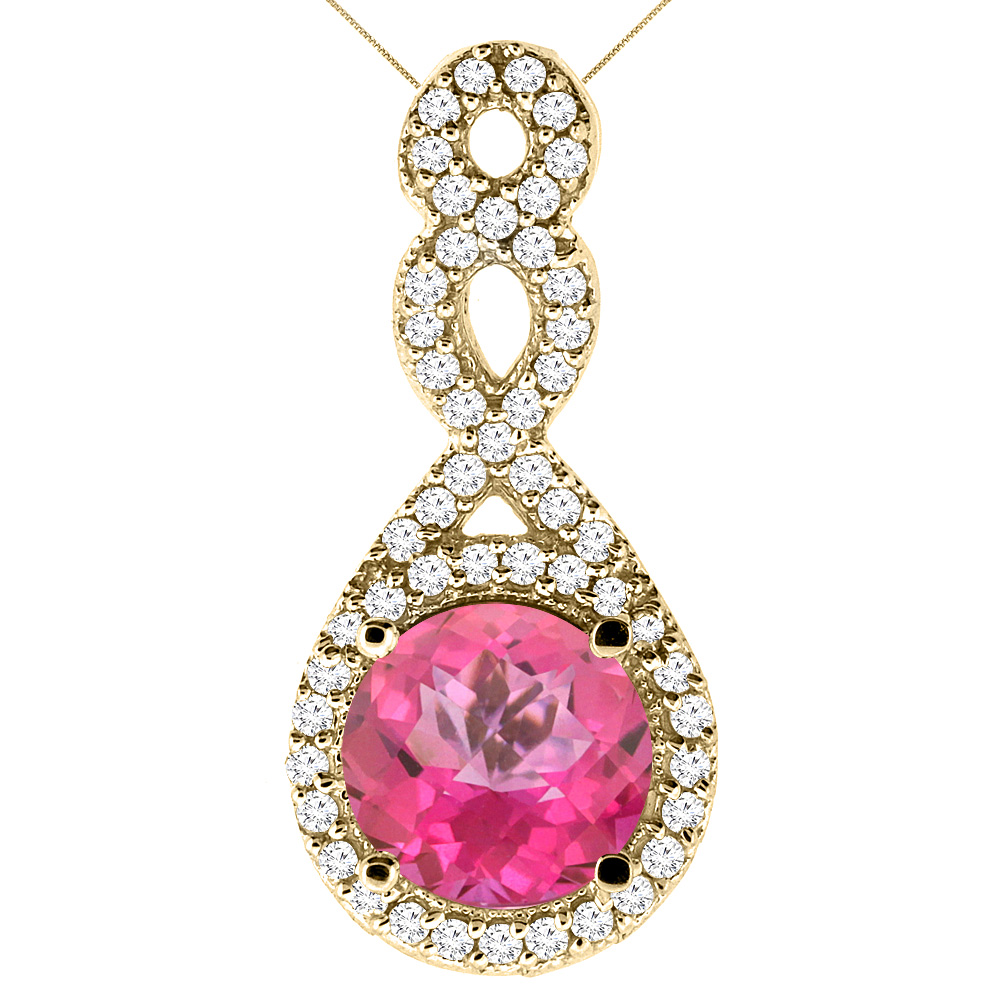 10K Yellow Gold Natural Pink Topaz Eternity Pendant Round 7x7mm with 18 inch Gold Chain