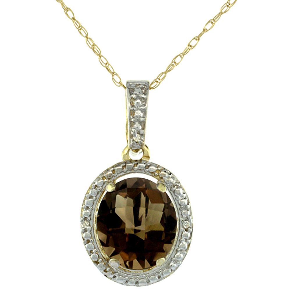 10K Yellow Gold 0.09 cttw Diamond Natural Smoky Topaz Pendant Oval 10x8 mm