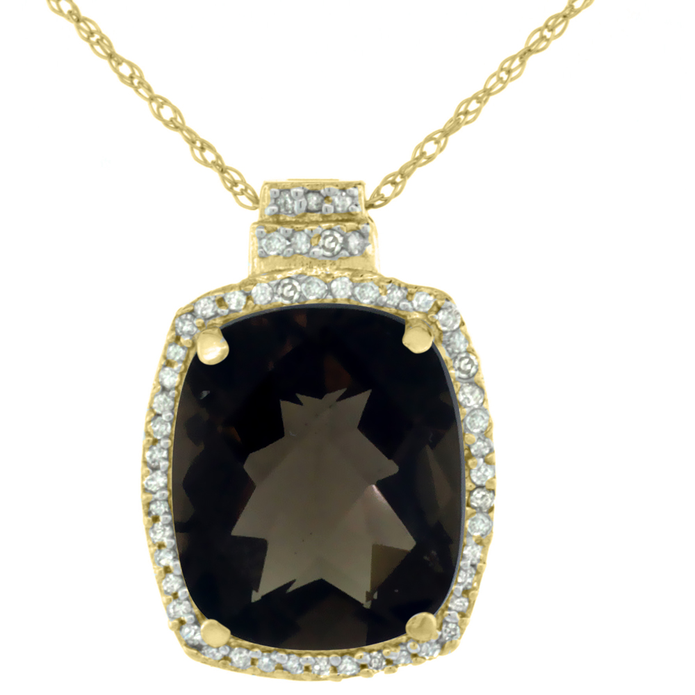 10K Yellow Gold 0.20 cttw Diamond Natural Smoky Topaz Pendant Octagon Cushion 11x9 mm