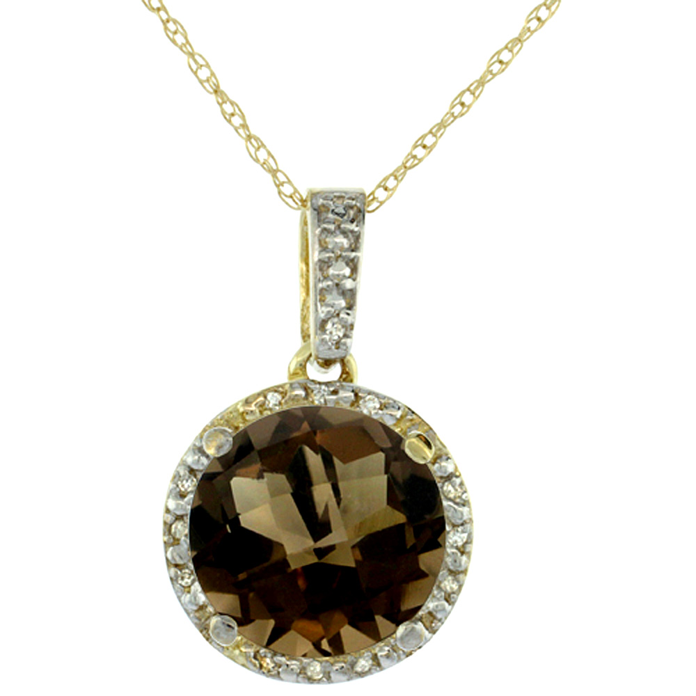 10K Yellow Gold 0.03 cttw Diamond Natural Smoky Topaz Pendant Round 11x11 mm