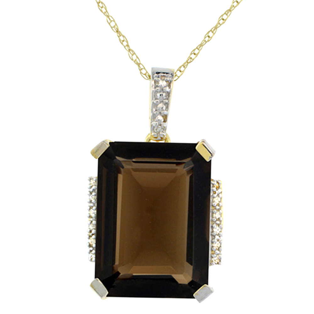 10K Yellow Gold Natural Smoky Topaz Pendant Octagon 16x12 mm &amp; Diamond Accents