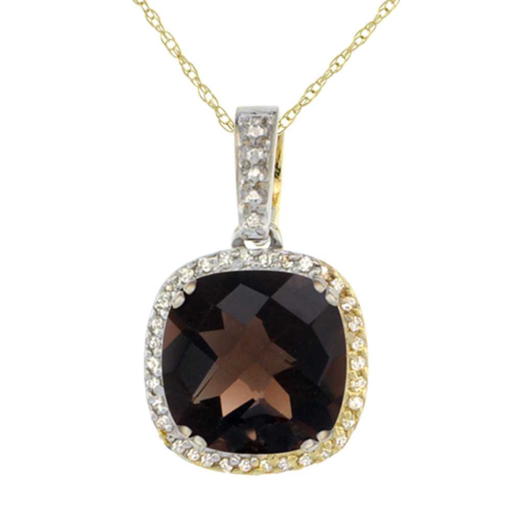 10k Yellow Gold Diamond Halo Natural Smoky Topaz Necklace Cushion Shaped 10x10mm, 18 inch long