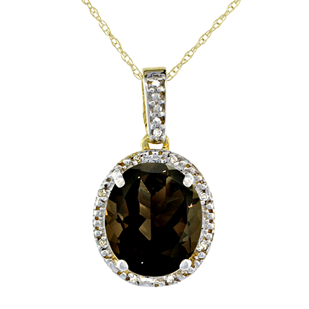 10K YELLOW GOLD DIAMOND HALO NATURAL SMOKY TOPAZ NECKLACE OVAL 12X10 MM, 18 INCH LONG