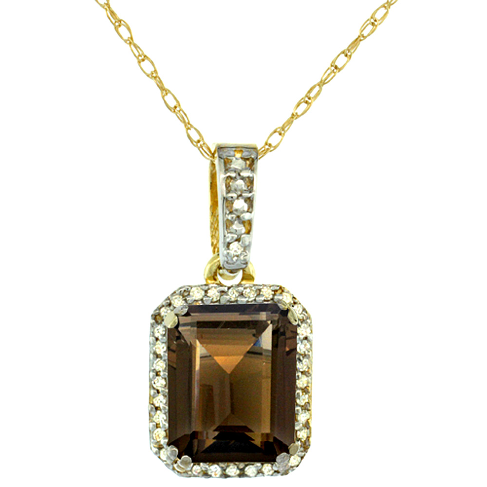 10K YELLOW GOLD DIAMOND NATURAL SMOKY TOPAZ PENDANT OCTAGON 9X7 MM