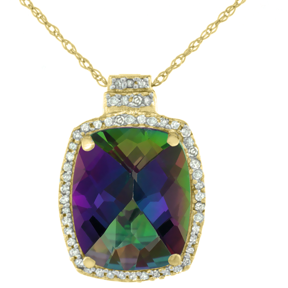 10K Yellow Gold 0.20 cttw Diamond Natural Mystic Topaz Pendant Octagon Cushion 11x9 mm