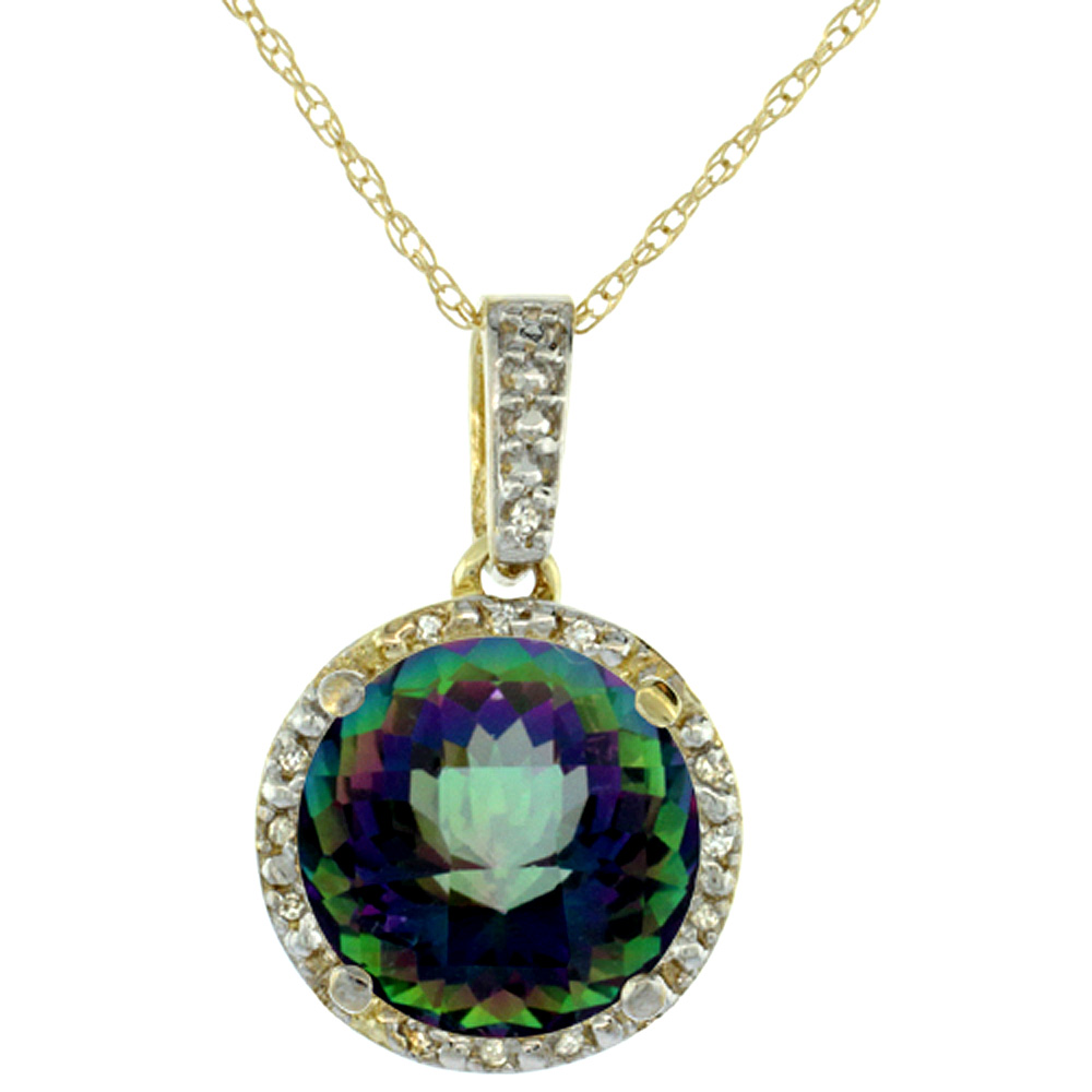 10K YELLOW GOLD 0.03 CTTW DIAMOND NATURAL MYSTIC TOPAZ PENDANT ROUND 11X11 MM