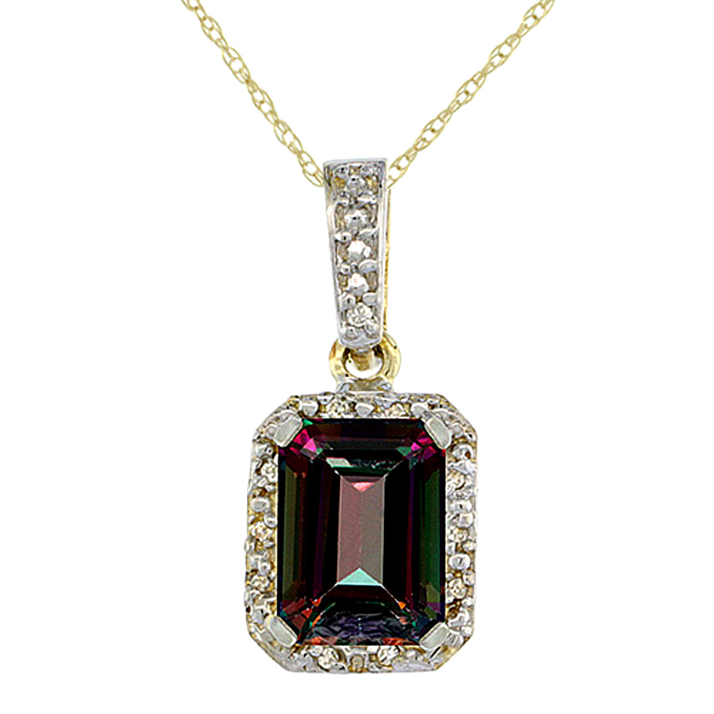 10K YELLOW GOLD NATURAL MYSTIC TOPAZ PENDANT OCTAGON 8X6 MM & DIAMOND ACCENTS