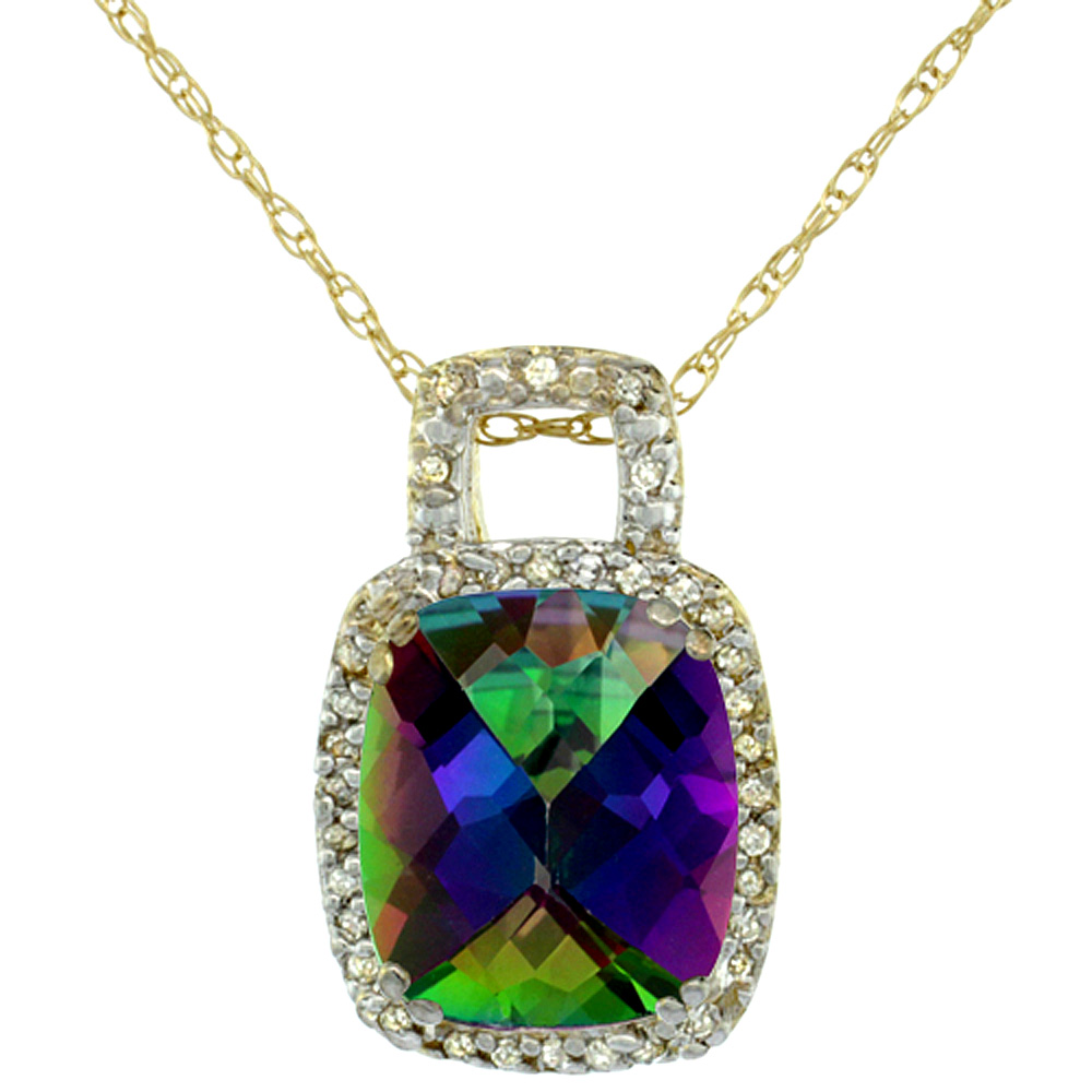 10K Yellow Gold Natural Mystic Topaz Pendant Octagon Cushion 10x8 mm & Diamond Accents