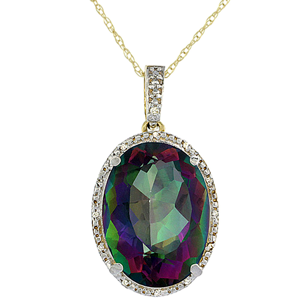 10K YELLOW GOLD DIAMOND NATURAL MYSTIC TOPAZ PENDANT OVAL 18X13 MM