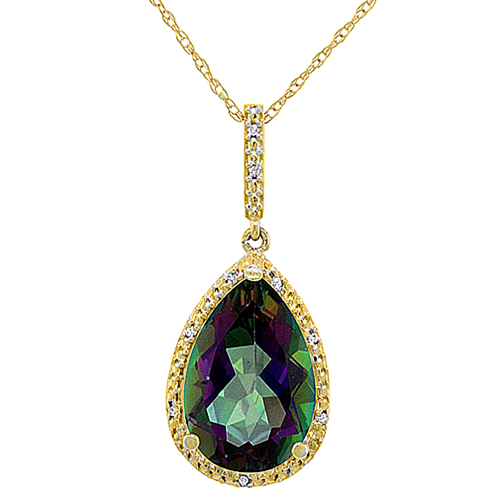 10K YELLOW GOLD DIAMOND HALO NATURAL MYSTIC TOPAZ NECKLACE PEAR SHAPED 15X10 MM, 18 INCH LONG