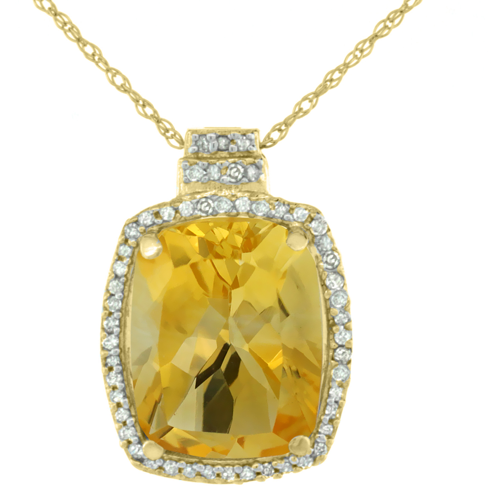 10K Yellow Gold 0.20 cttw Diamond Natural Citrine Pendant Octagon Cushion 11x9 mm