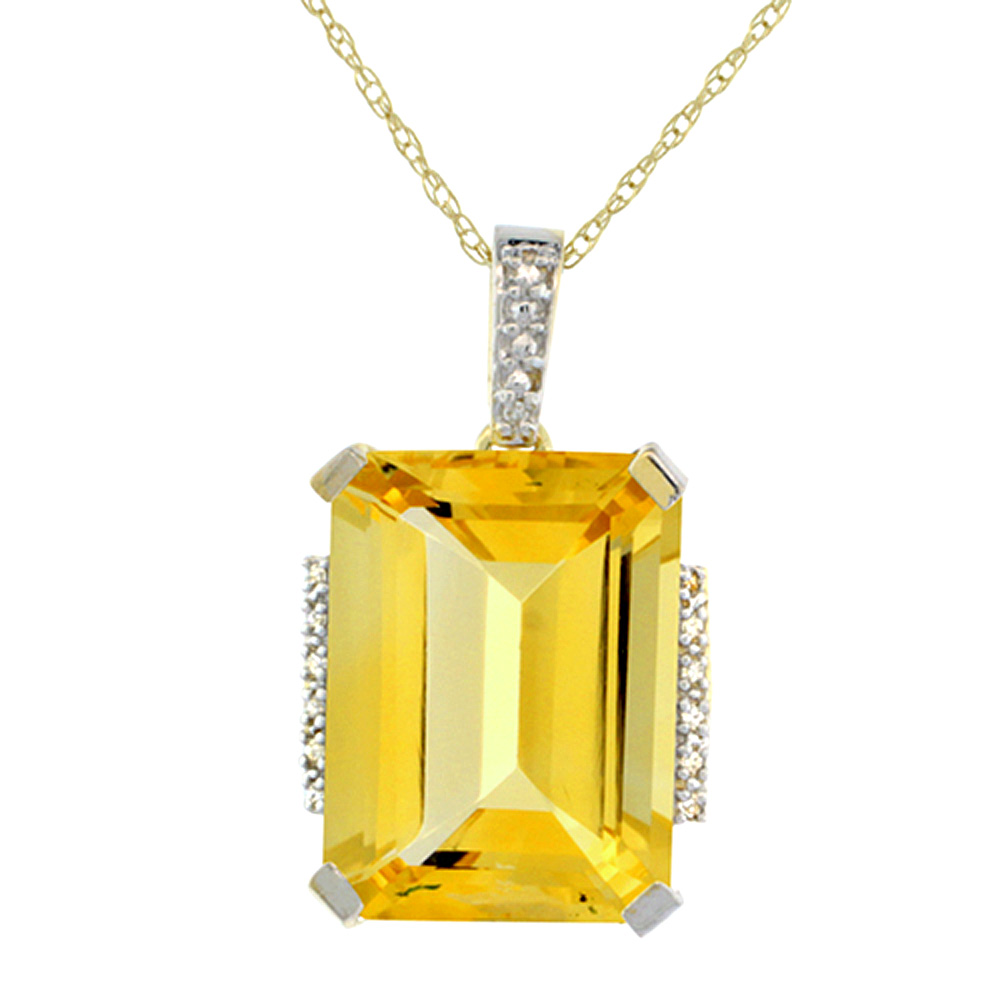 10K YELLOW GOLD NATURAL CITRINE PENDANT OCTAGON 16X12 MM & DIAMOND ACCENTS