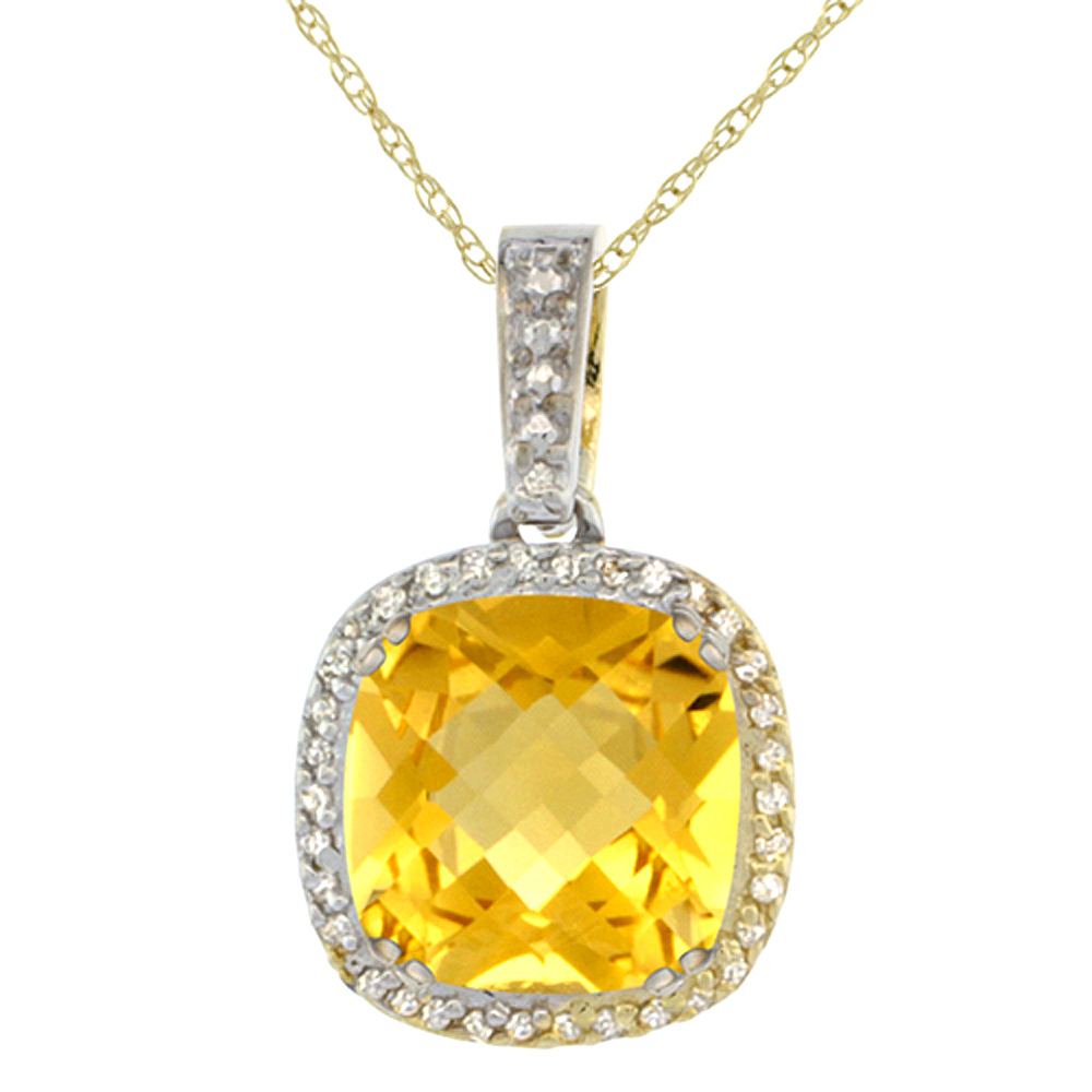 10K YELLOW GOLD DIAMOND HALO NATURAL CITRINE NECKLACE CUSHION SHAPED 10X10MM, 18 INCH LONG