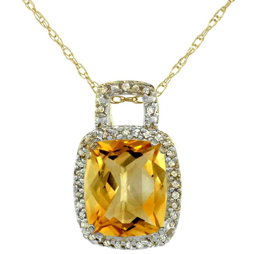 10K YELLOW GOLD NATURAL CITRINE PENDANT OCTAGON CUSHION 10X8 MM & DIAMOND ACCENTS