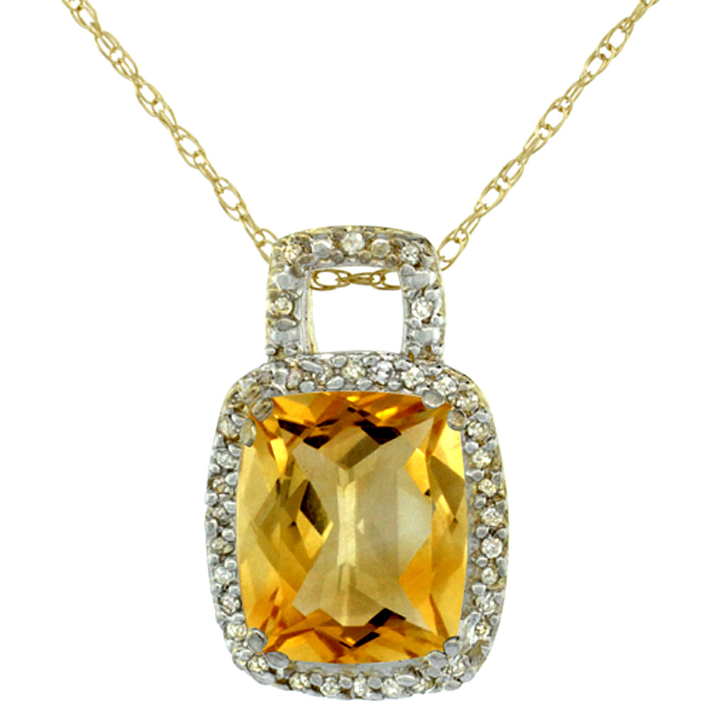 10K Yellow Gold Natural Citrine Pendant Octagon Cushion 10x8 mm &amp; Diamond Accents