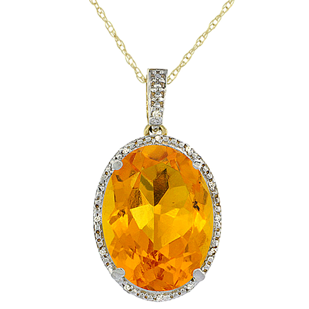 10K YELLOW GOLD DIAMOND NATURAL CITRINE PENDANT OVAL 18X13 MM