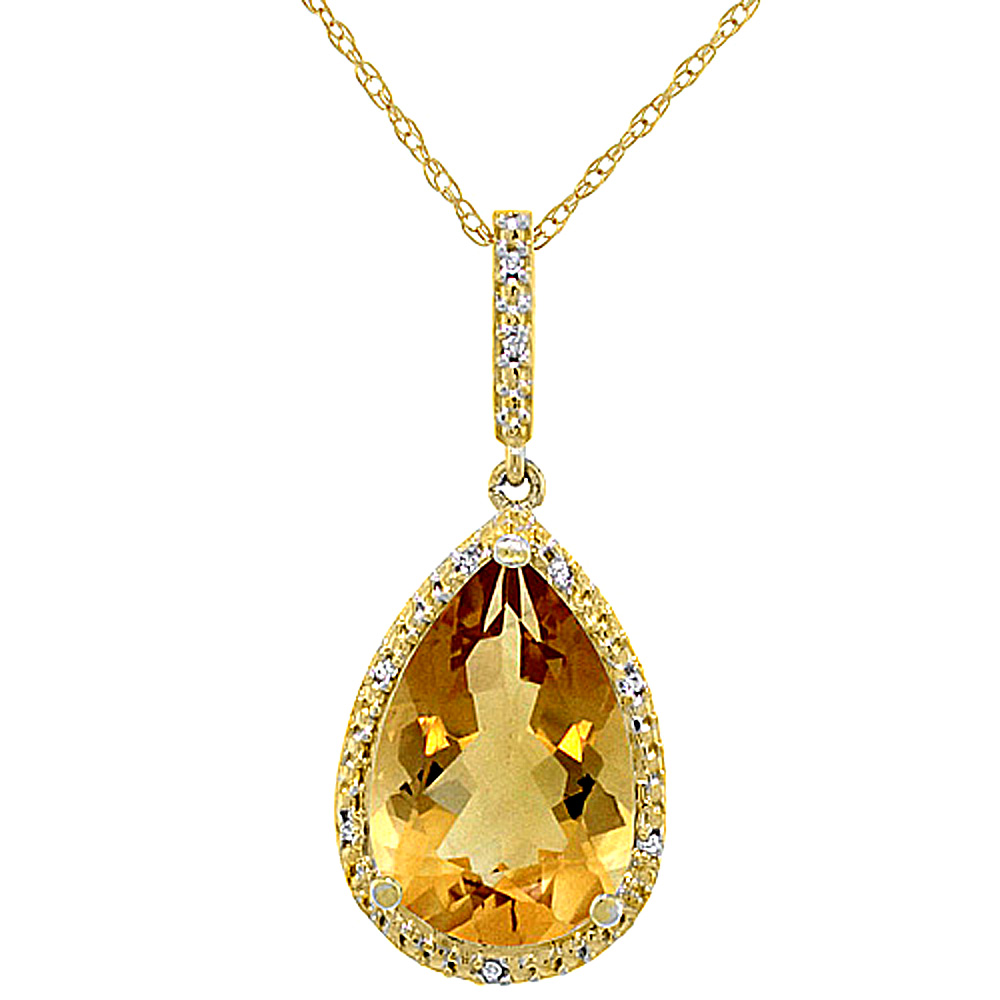 10K YELLOW GOLD DIAMOND HALO NATURAL CITRINE NECKLACE PEAR SHAPED 15X10 MM, 18 INCH LONG