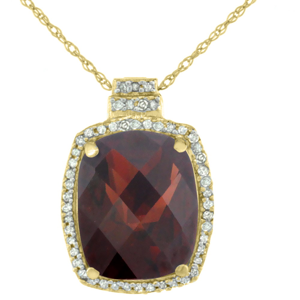 10K Yellow Gold 0.20 cttw Diamond Natural Garnet Pendant Octagon Cushion 11x9 mm