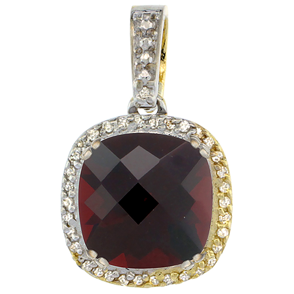 10k Yellow Gold Diamond Halo Natural Garnet Necklace Cushion Shaped 10x10mm, 18 inch long