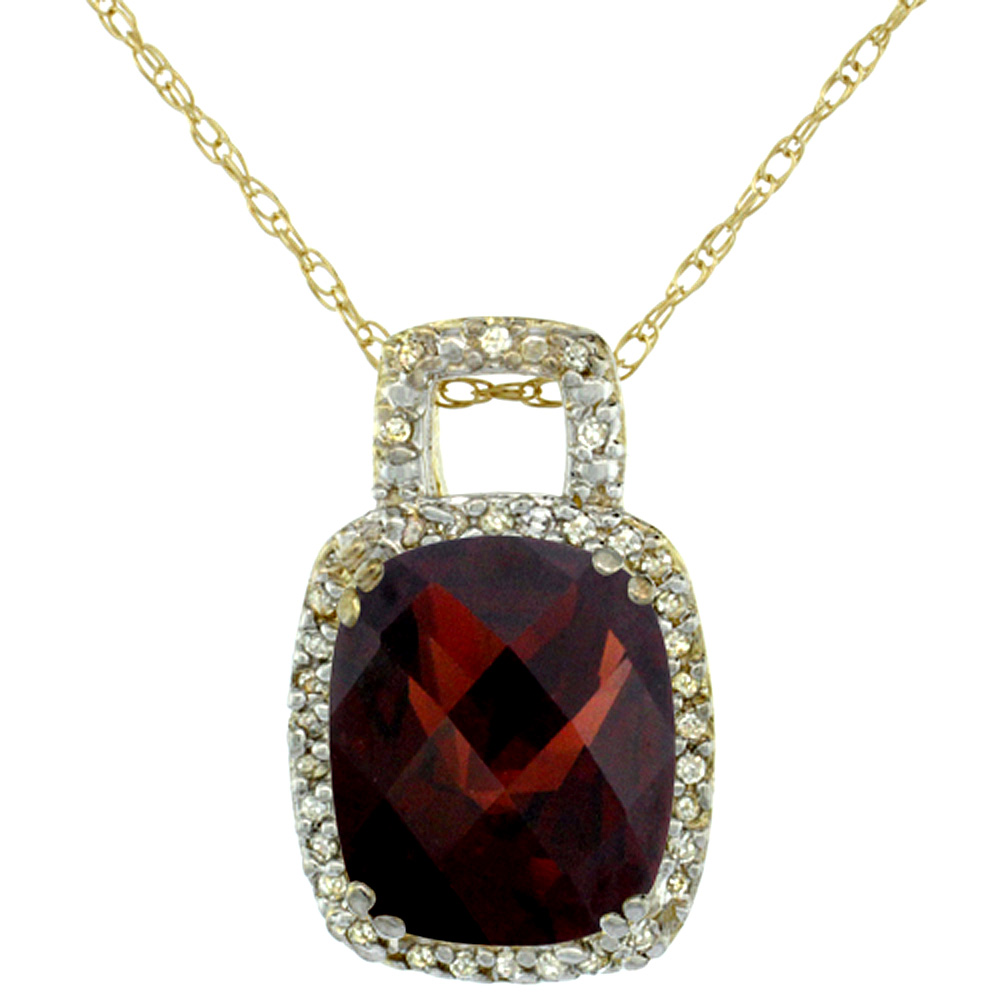 10K Yellow Gold Natural Garnet Pendant Octagon Cushion 10x8 mm &amp; Diamond Accents