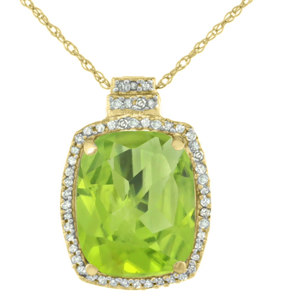 10K Yellow Gold 0.20 cttw Diamond Natural Peridot Pendant Octagon Cushion 11x9 mm