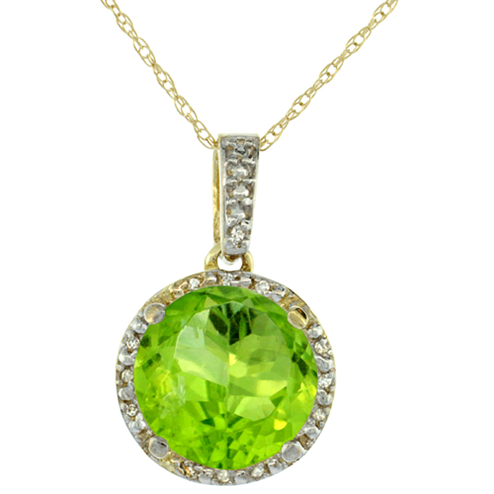 10K YELLOW GOLD 0.03 CTTW DIAMOND NATURAL PERIDOT PENDANT ROUND 11X11 MM