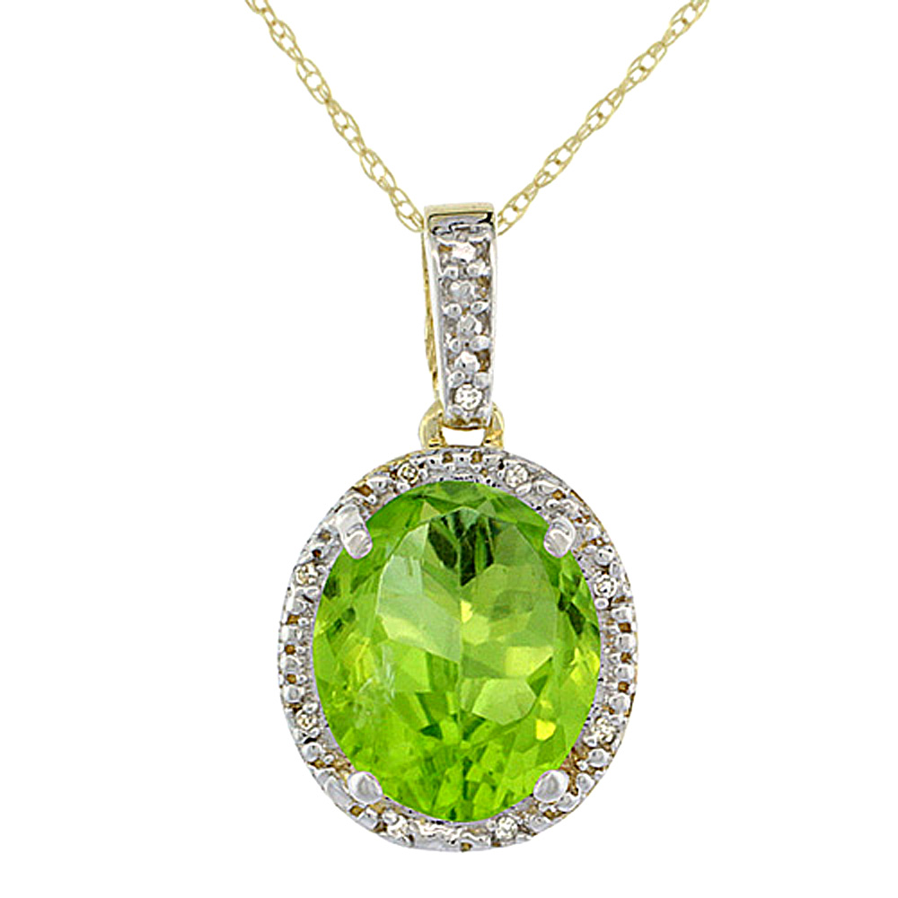 10K YELLOW GOLD DIAMOND HALO NATURAL PERIDOT NECKLACE OVAL 12X10 MM, 18 INCH LONG