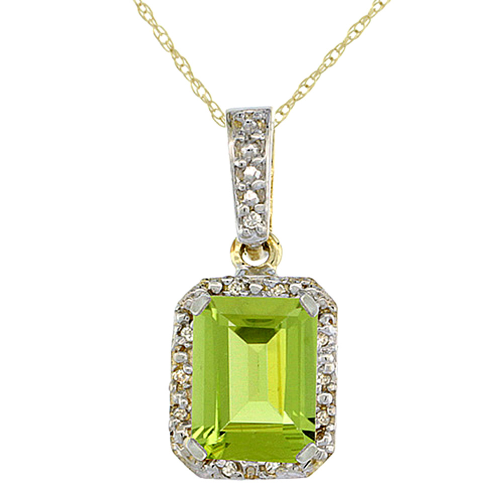 10K YELLOW GOLD NATURAL PERIDOT PENDANT OCTAGON 8X6 MM & DIAMOND ACCENTS