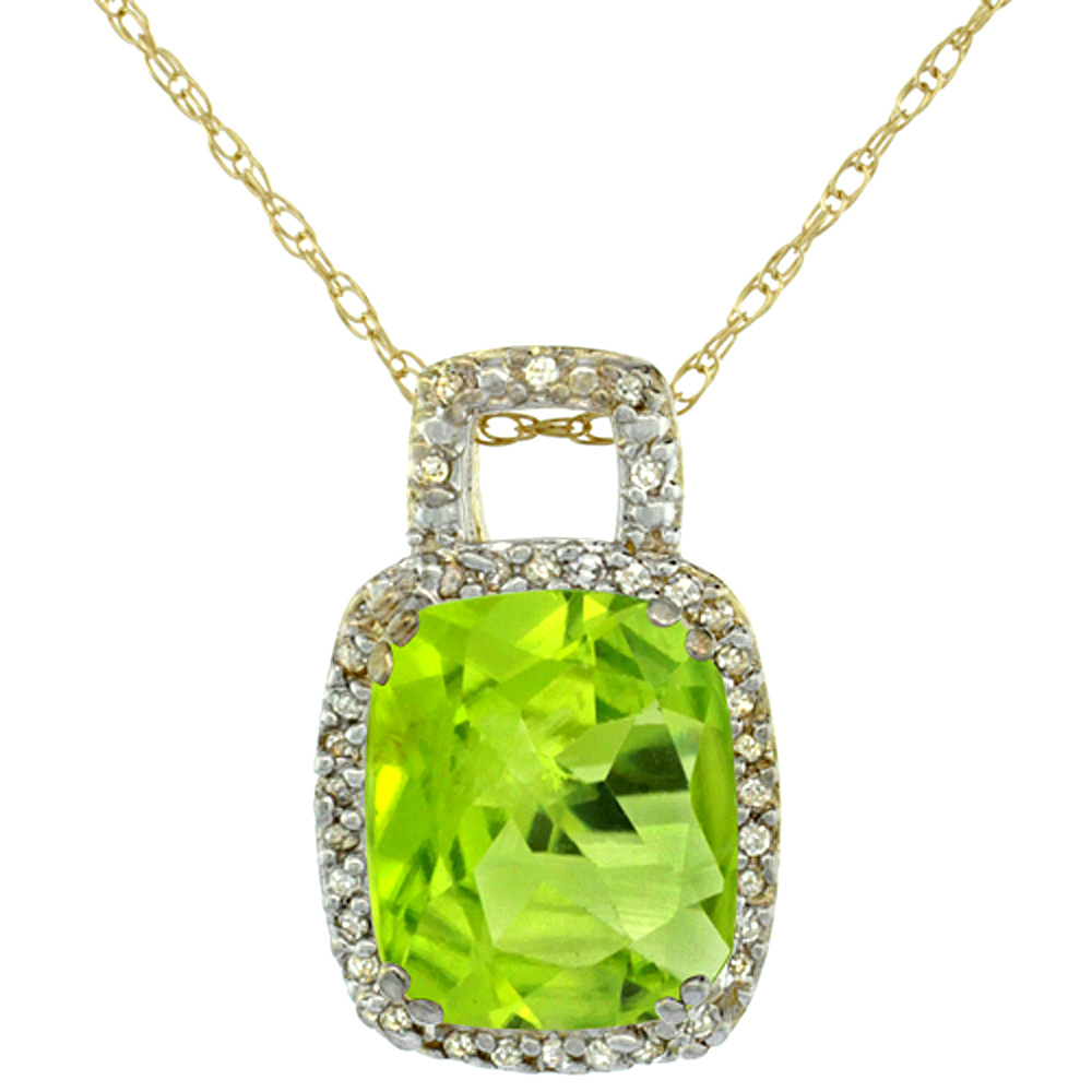 10K YELLOW GOLD NATURAL PERIDOT PENDANT OCTAGON CUSHION 10X8 MM & DIAMOND ACCENTS