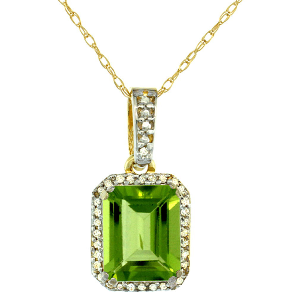 10K Yellow Gold Diamond Natural Peridot Pendant Octagon 9x7 mm