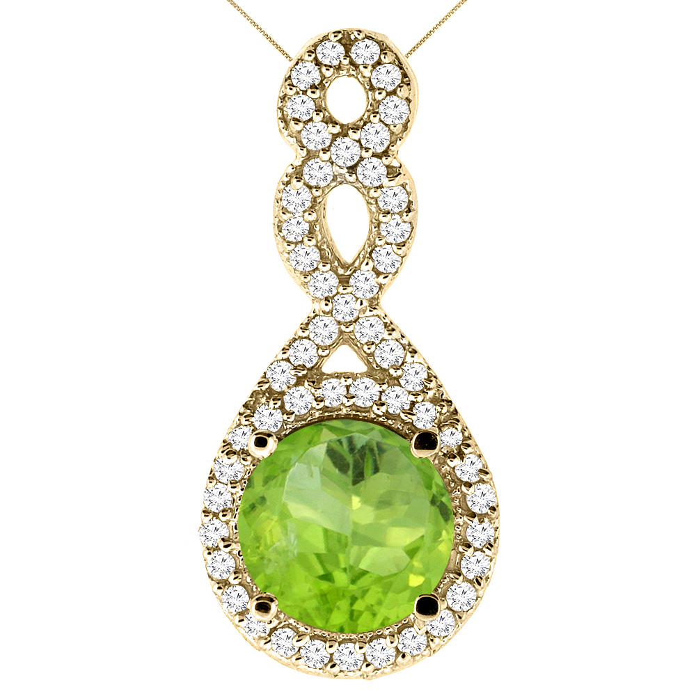10K YELLOW GOLD NATURAL PERIDOT ETERNITY PENDANT ROUND 7X7MM WITH 18 INCH GOLD CHAIN