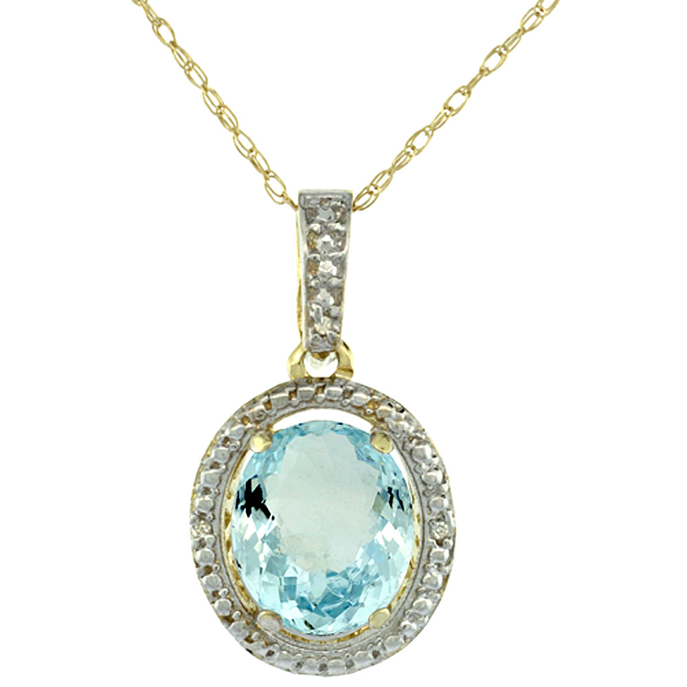 10K YELLOW GOLD 0.09 CTTW DIAMOND NATURAL AQUAMARINE PENDANT OVAL 10X8 MM