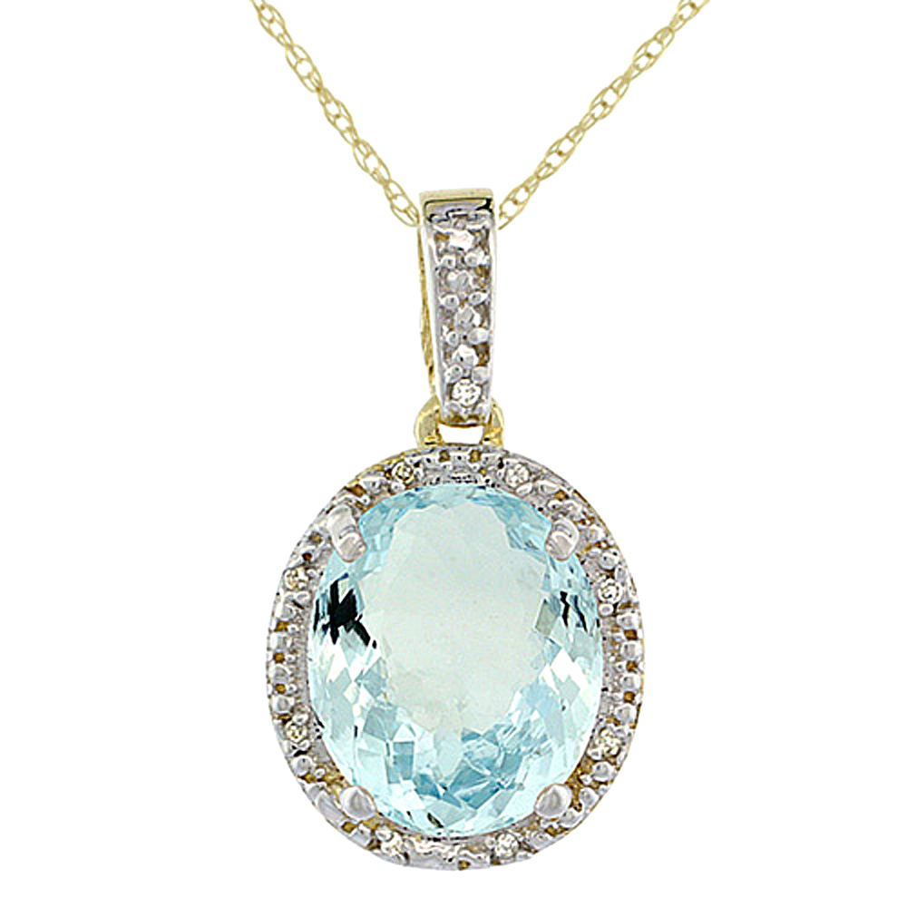 10K YELLOW GOLD DIAMOND HALO NATURAL AQUAMARINE NECKLACE OVAL 12X10 MM, 18 INCH LONG