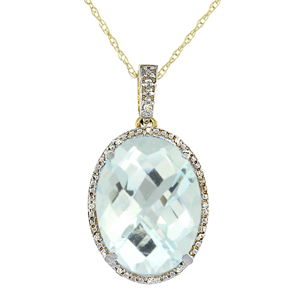 10K YELLOW GOLD DIAMOND NATURAL AQUAMARINE PENDANT OVAL 18X13 MM