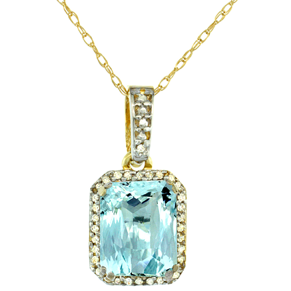 10K Yellow Gold Diamond Natural Aquamarine Pendant Octagon 9x7 mm