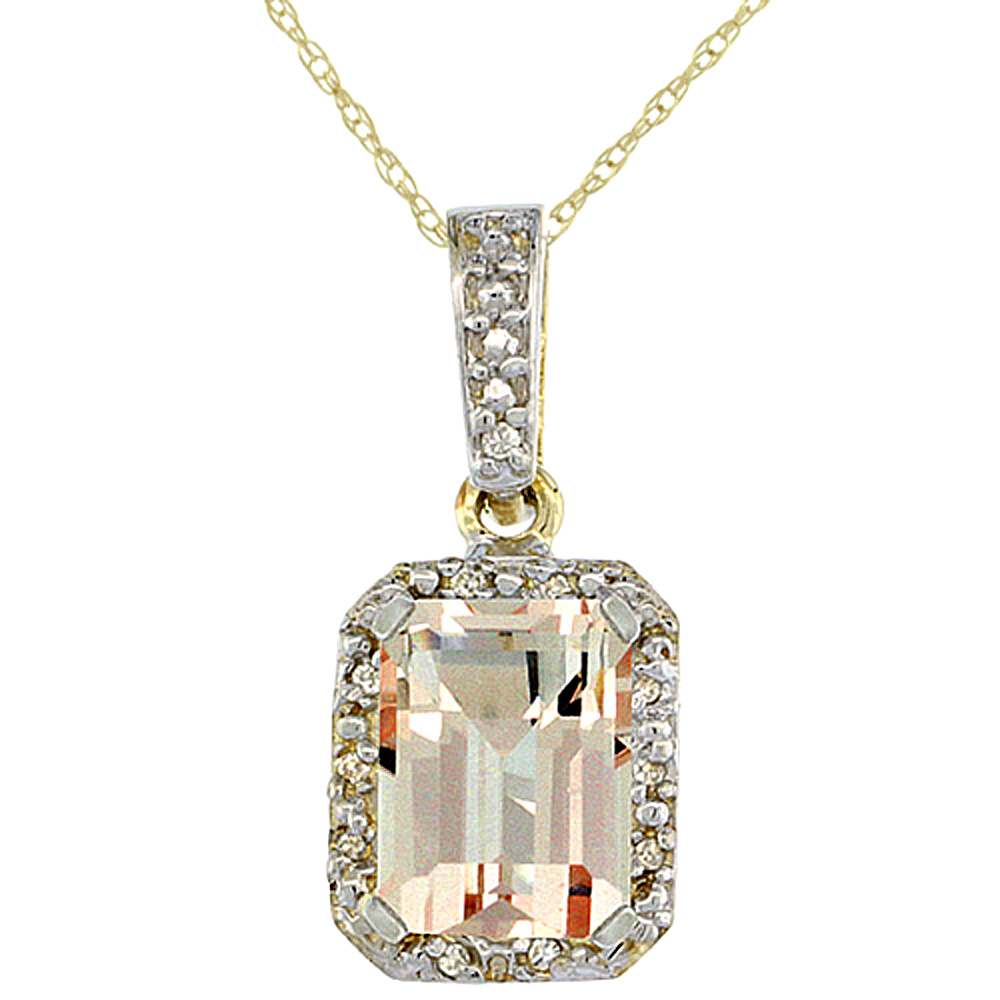 10K YELLOW GOLD NATURAL MORGANITE PENDANT OCTAGON 8X6 MM & DIAMOND ACCENTS