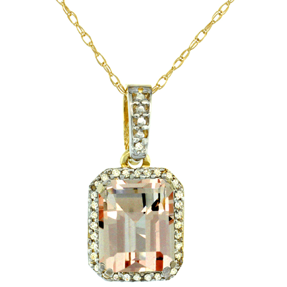 10K Yellow Gold Diamond Natural Morganite Pendant Octagon 9x7 mm