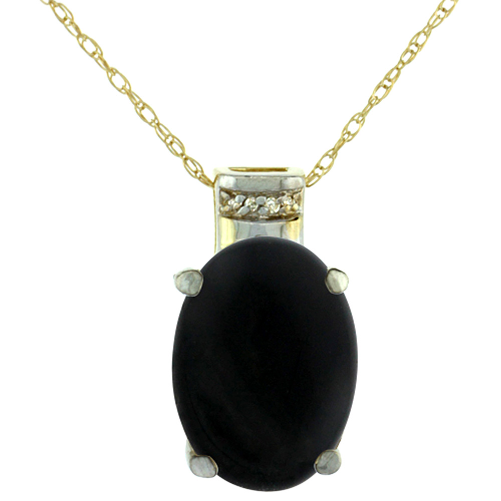 10K Yellow Gold Diamond Natural Black Onyx Pendant Oval 14x10 mm