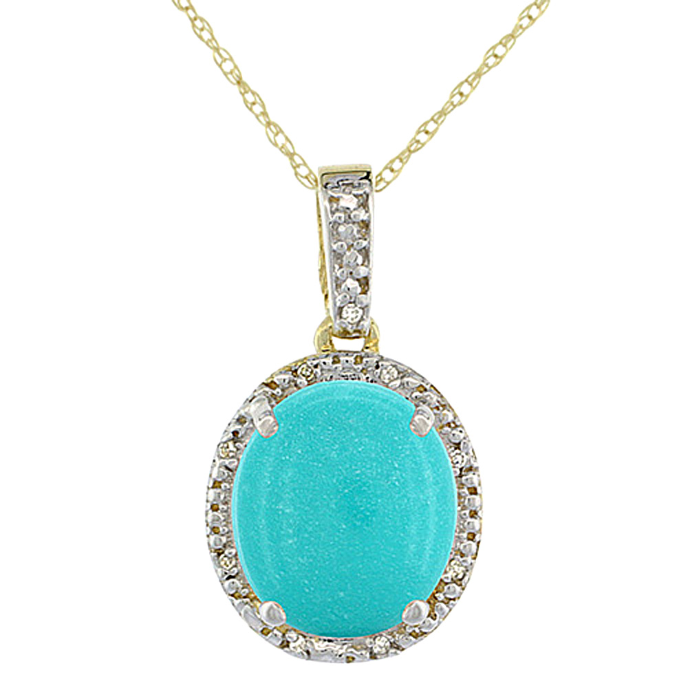 10K YELLOW GOLD DIAMOND HALO NATURAL TURQUOISE NECKLACE OVAL 12X10 MM, 18 INCH LONG