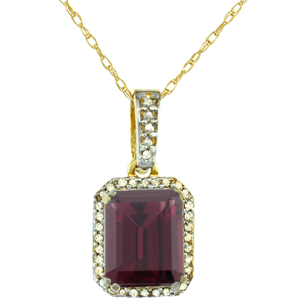 10K Yellow Gold Diamond Natural Rhodolite Pendant Octagon 9x7 mm