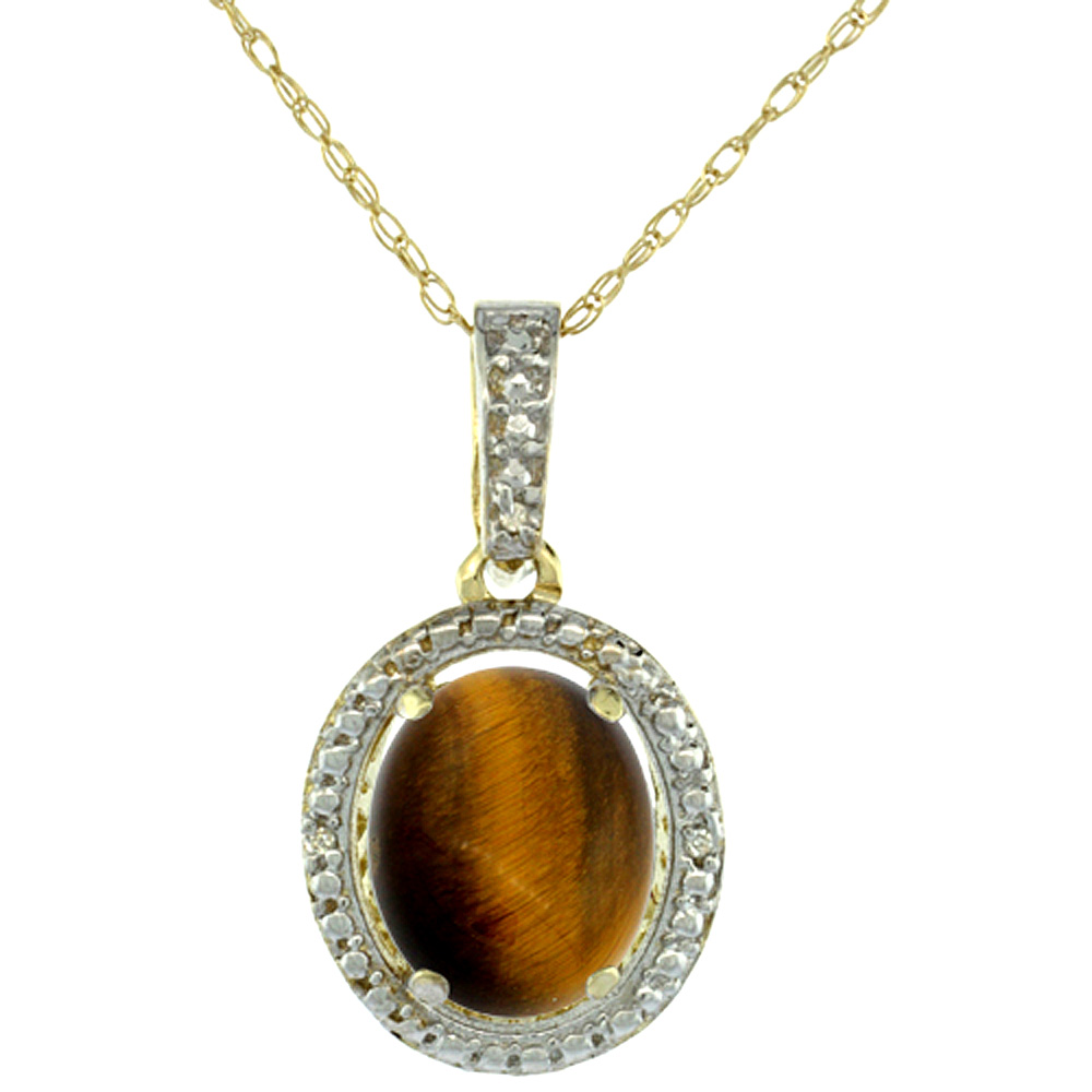 10K Yellow Gold 0.09 cttw Diamond Natural Tiger Eye Pendant Oval 10x8 mm